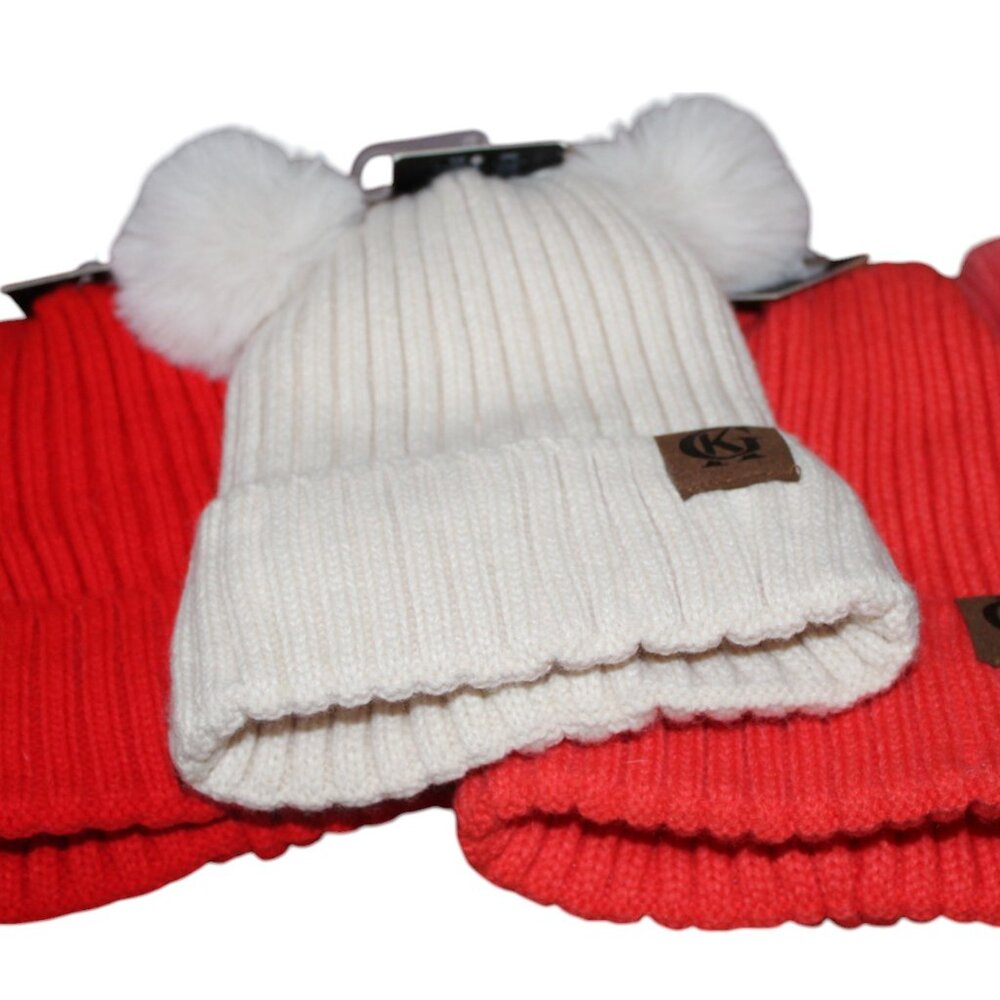 SALE GK Kids Double Faux Fur Pom Beanie PINK; RED; IVORY Trio So Cute and Warm!